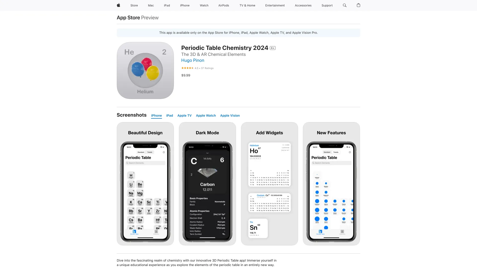 Tableau périodique 3D pour Apple Vision Pro