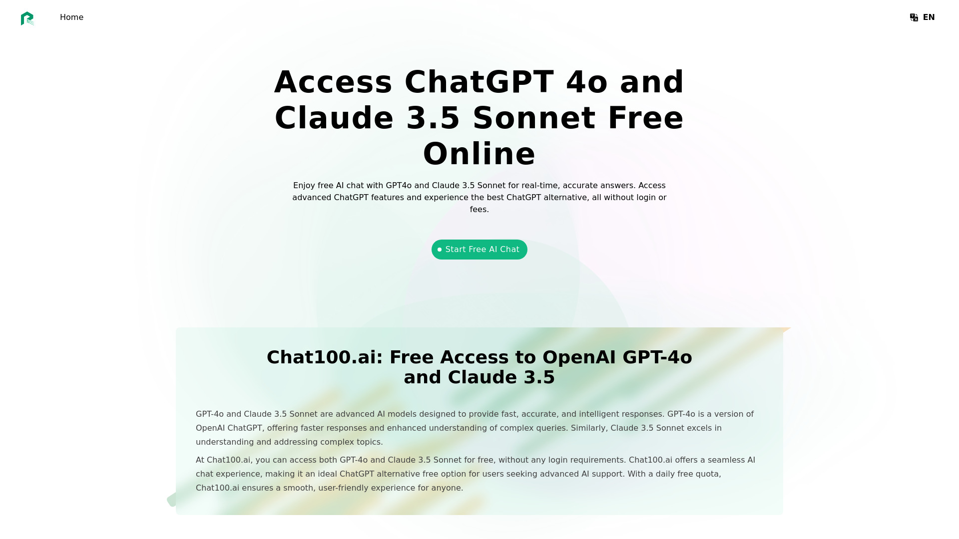 Chat100.ai : ChatGPT 4o gratuit et Claude 3.5 Sonnet