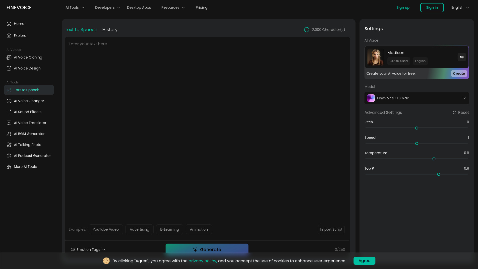 Преобразование текста FineVoice в речь