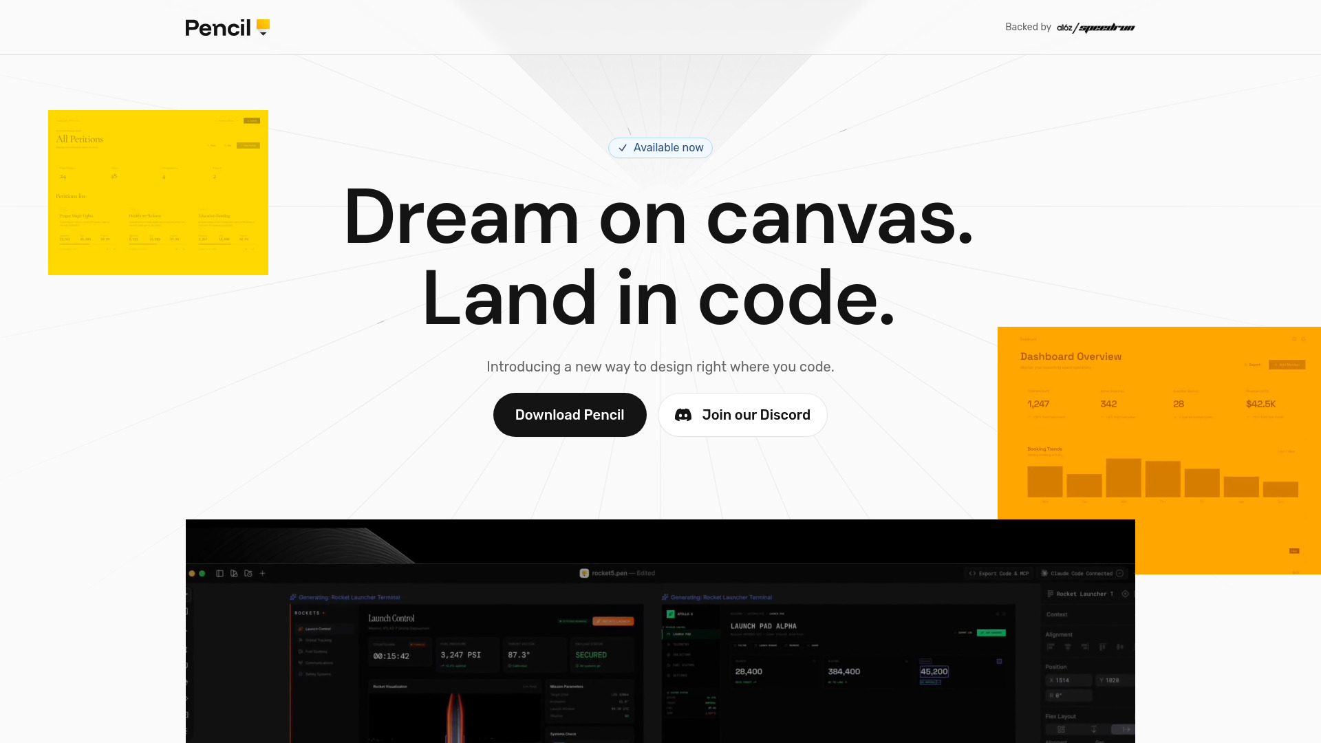 Pencil – Design on canvas. Land in code.