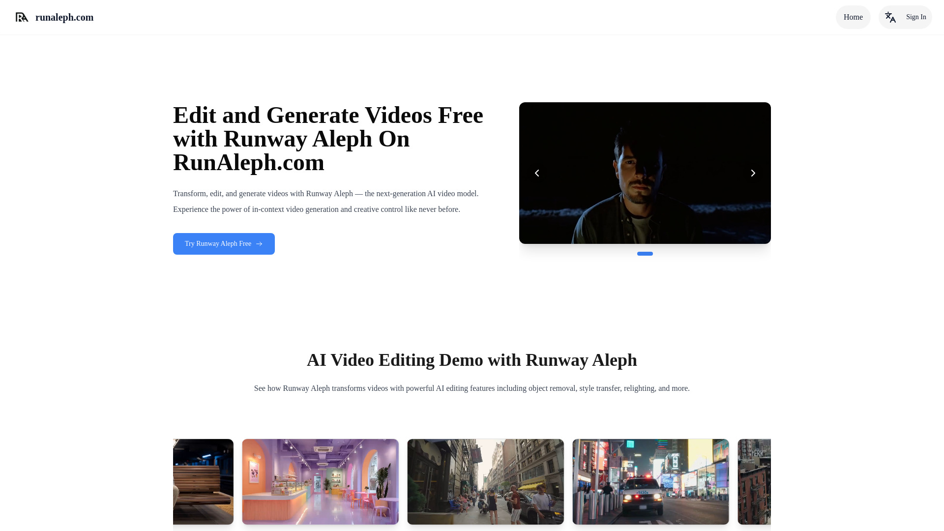 Runaleph.com: бесплатное редактирование видео с искусственным интеллектом с помощью взлетно -посадочной полосы Aleph