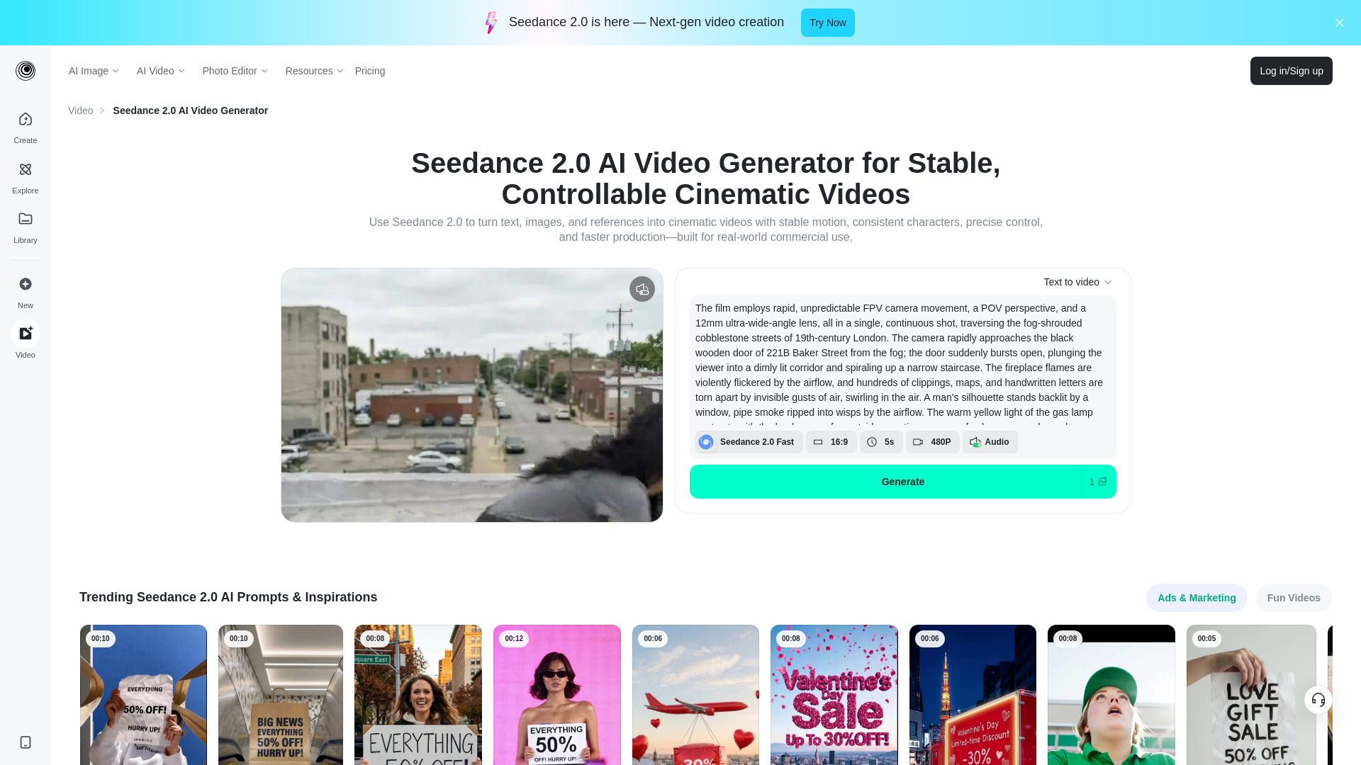 Generador de vídeo AI Seedance 2.0 en insMind