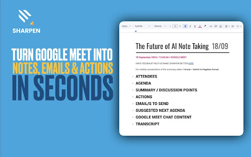 Sharpen AI: Turn Google Meets into notes, emails & actions in seconds.