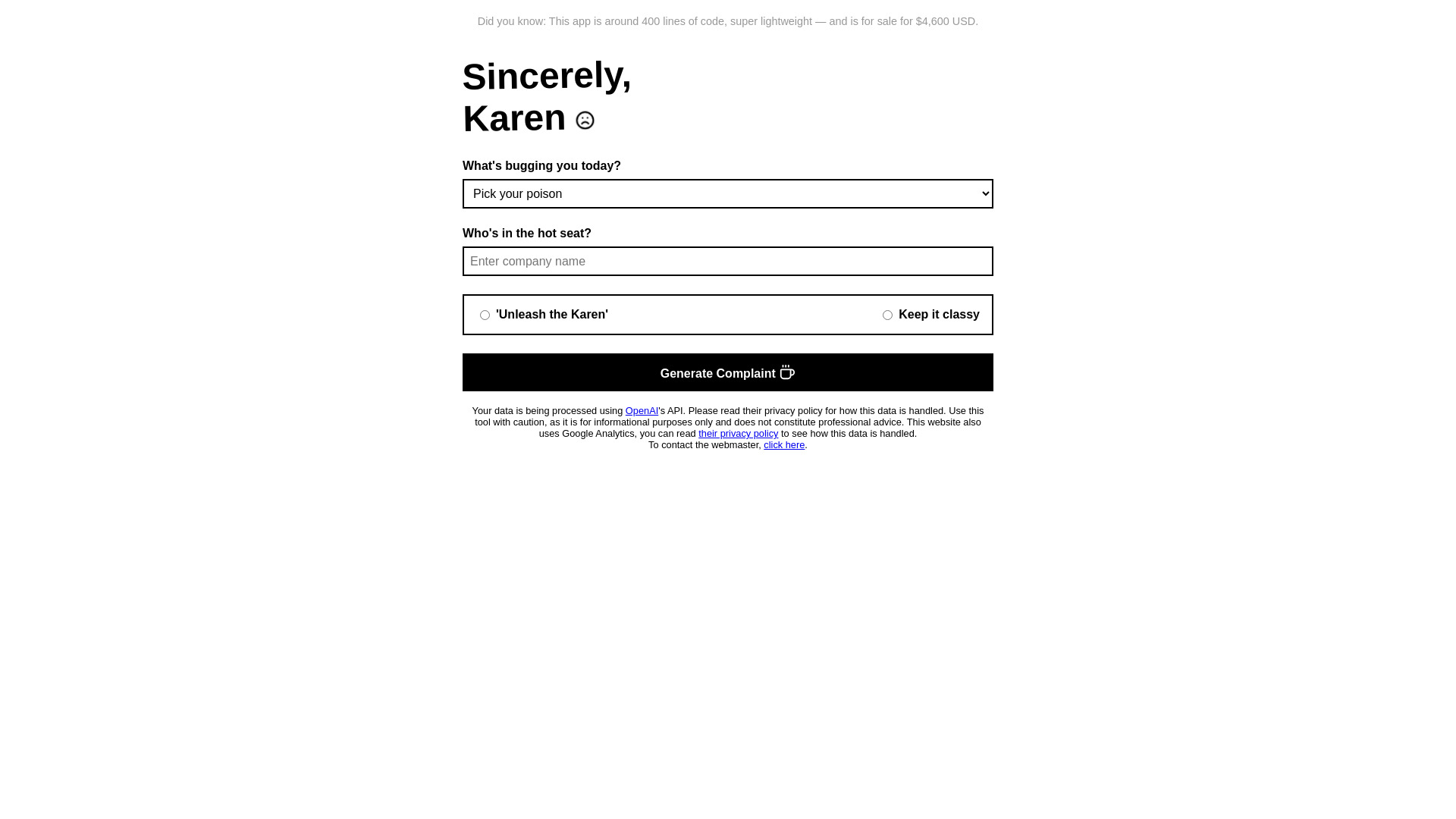 Sincerely Karen: Complaint Generator