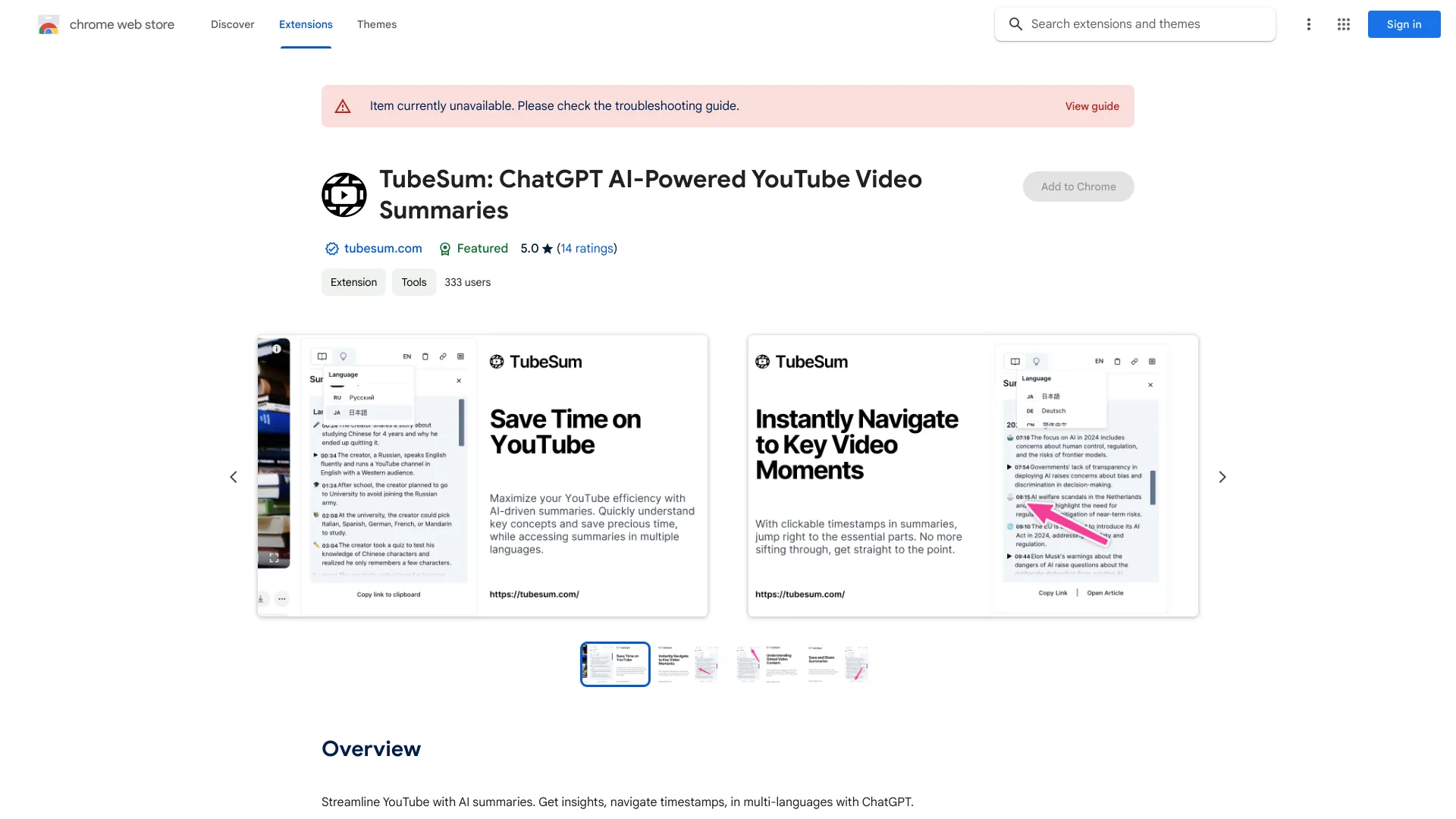 TubeSum: ChatGPT AI-Powered YouTube Video Summaries