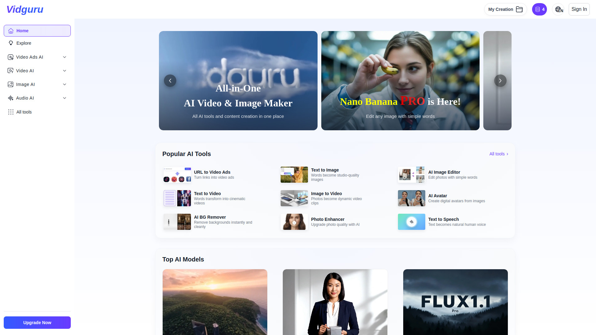 Vidguru — универсальный инструмент для создания видео и изображений с искусственным интеллектом