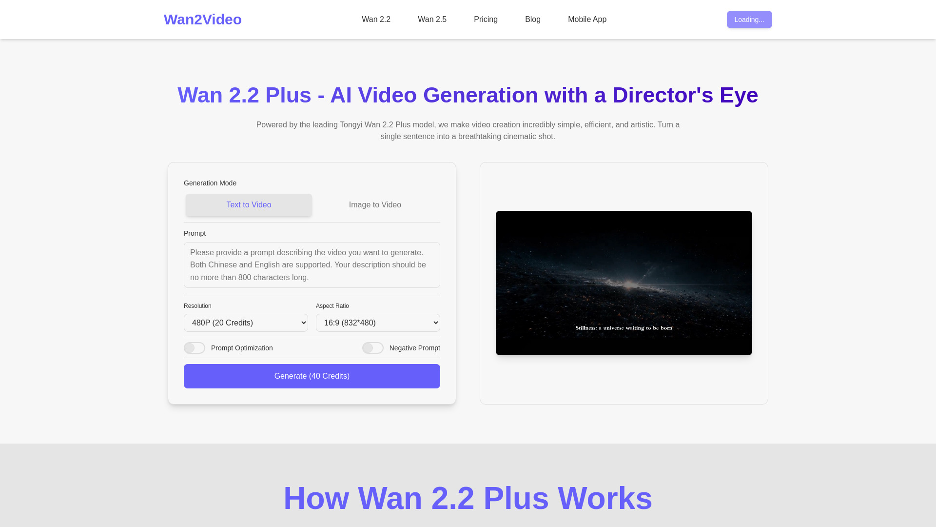 Wan 2.2 Plus - Generador de vídeo cinematográfico con IA