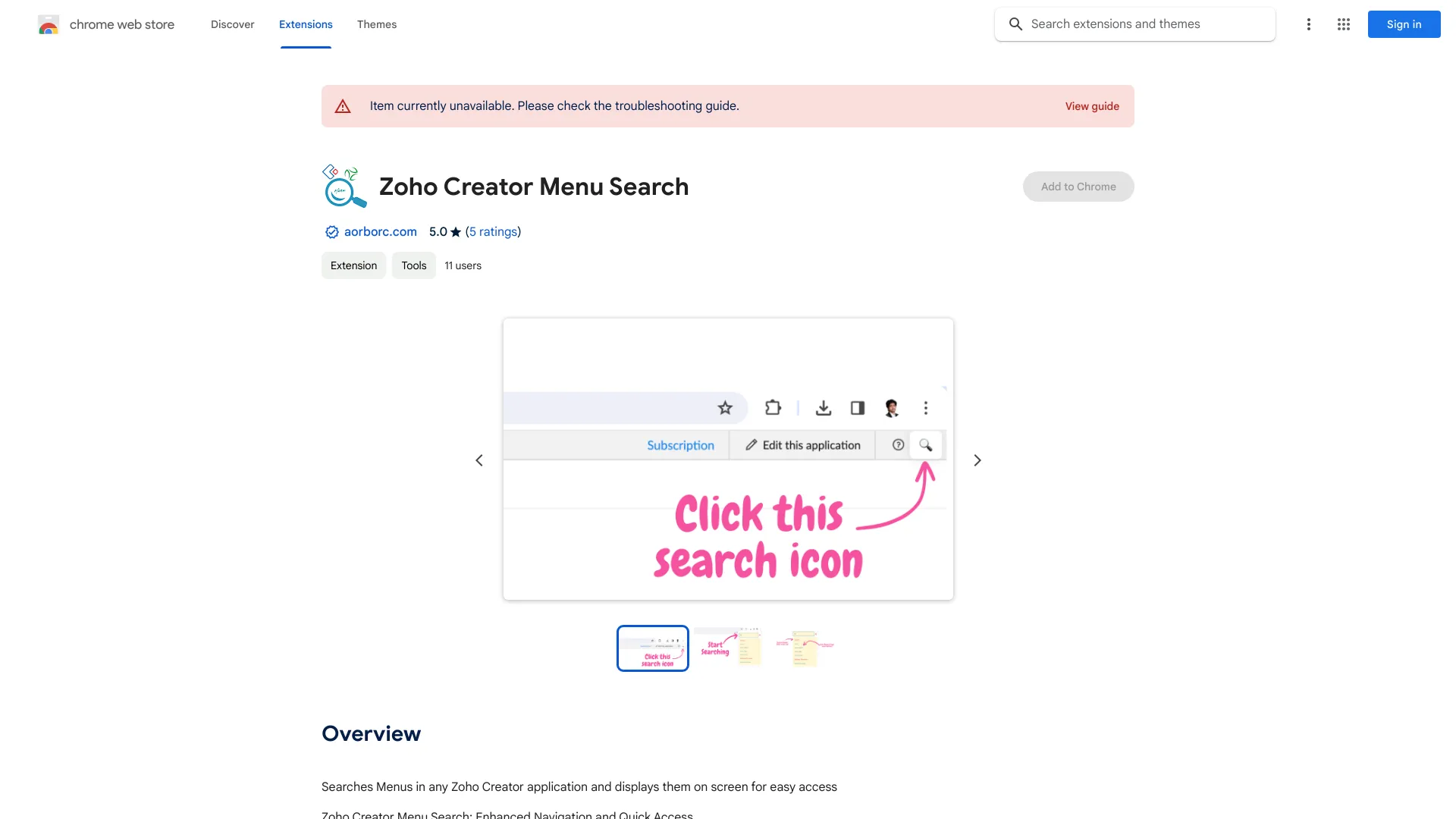 Поиск меню Zoho Creator