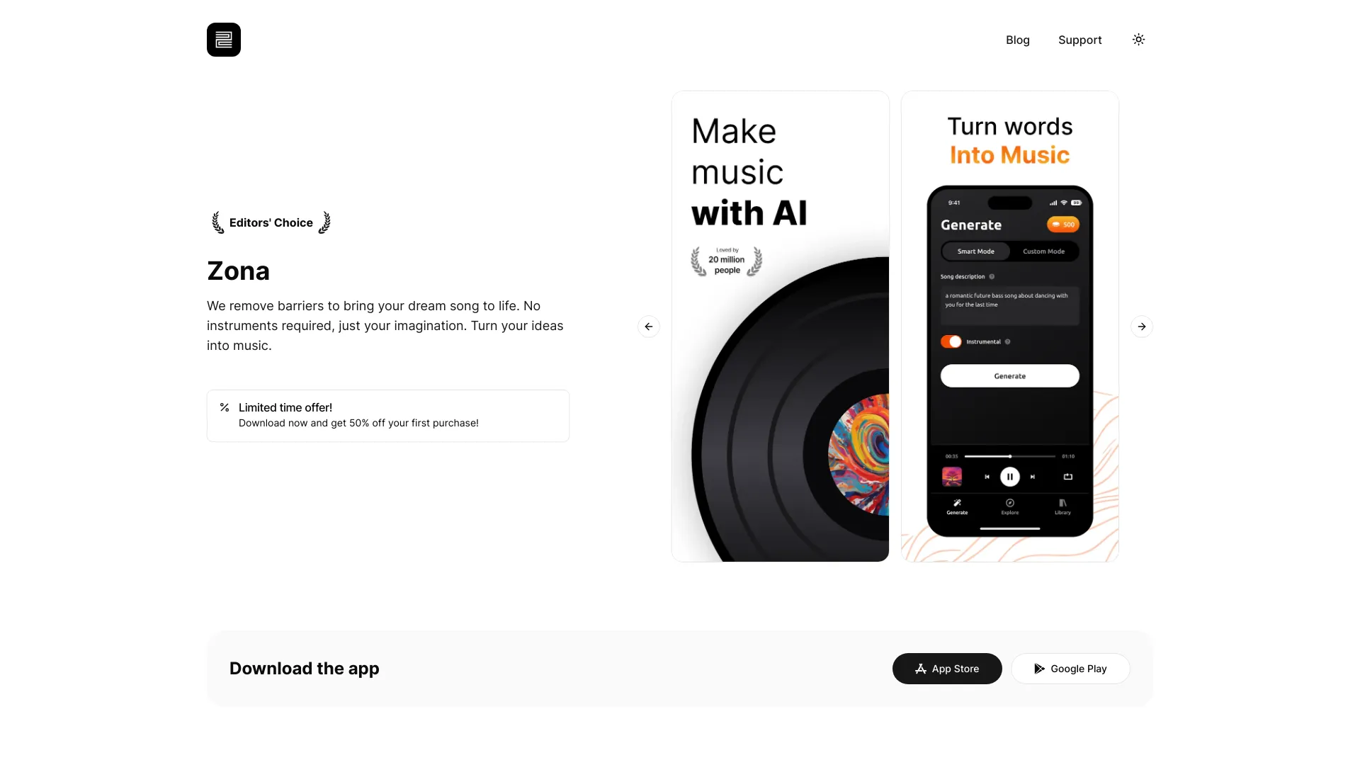 Zona - AI 歌曲和音樂生成器應用程式