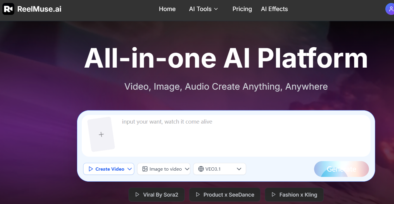 一体化人工智能平台：视频、图像、音频随时随地创造任何内容人工智能接吻效果 |视频、图像、音频创建器