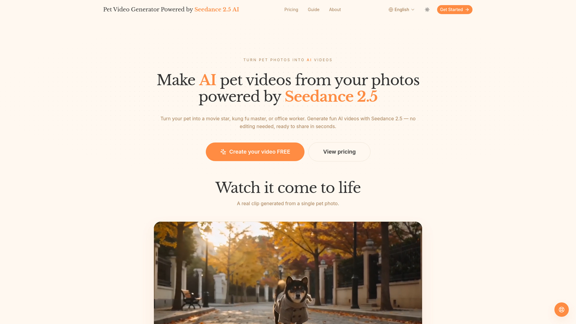 Générateur vidéo AI Pet alimenté par Seedance
